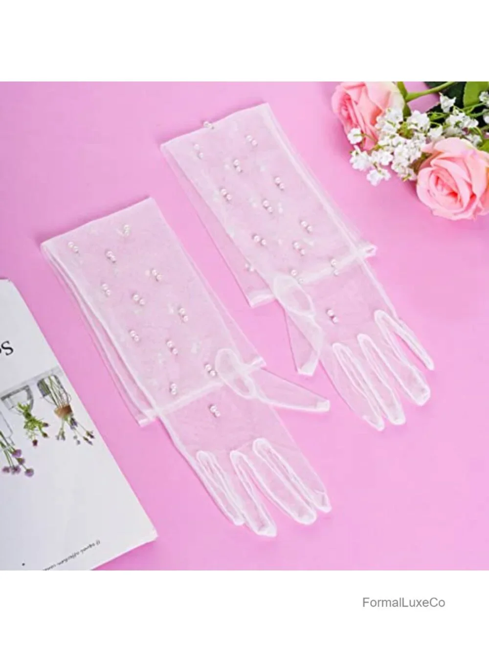 Tulle Sheer Long Pearl Gloves Elbow Length Wedding Bridal Gloves